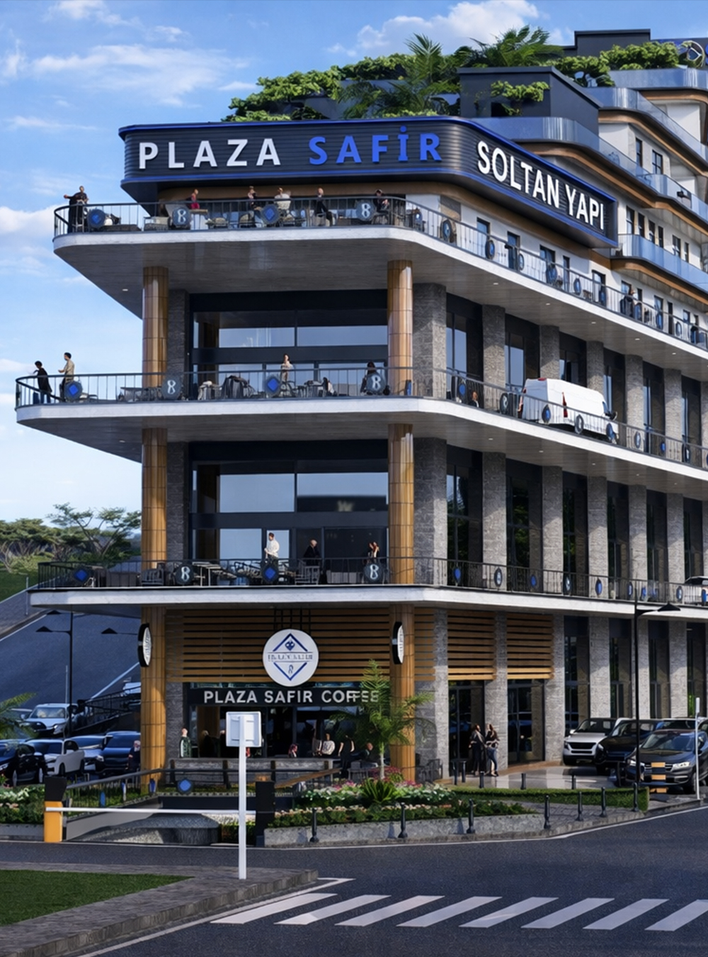 Plaza Safir teraslı ofis yapısı ve yeşil alanlar